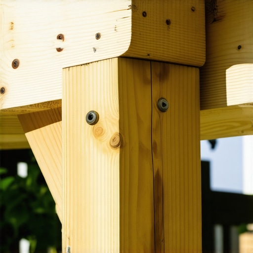 A close-up shot of a 6x6 deck post with structural bolts and double nuts for maximum railing stability.
