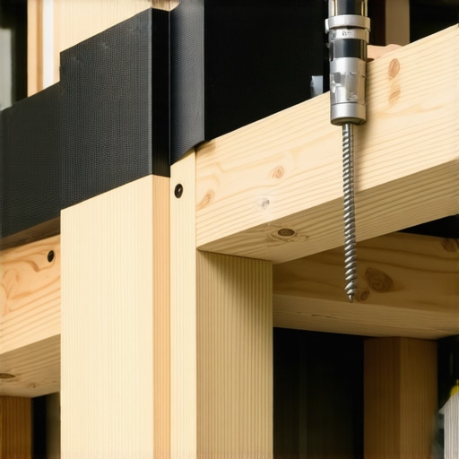 Close-up of impact driver and structural screw on a deck joist with flashing tape.