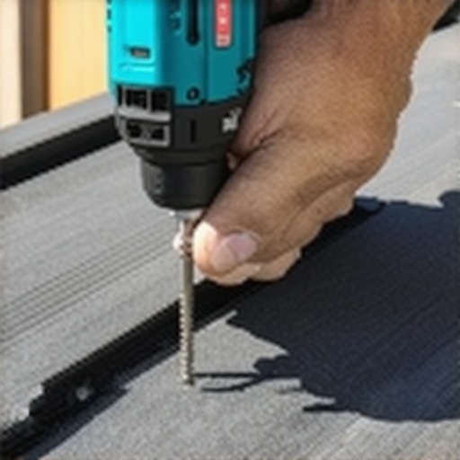A professional impact driver with a depth jig being used on composite decking to prevent squeaks.
