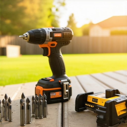 Professional Tools for Composite Deck Building Close up of impact driver and leveling tools on a modern gray composite deck surface.