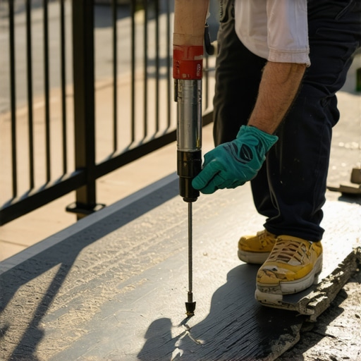 Close-up of a carpenter using a drilling jig on charcoal composite decking for a precise finish.