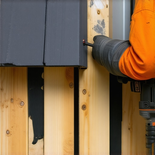 Builder using an impact driver to secure composite decking over joist tape.