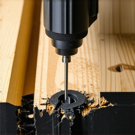 An impact driver driving a screw through butyl joist tape on a deck framing project.