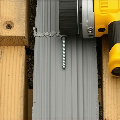 An impact driver securing a deck screw into composite decking with joist tape protection.
