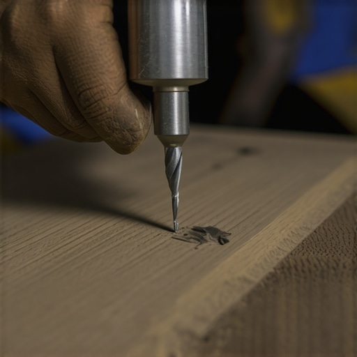 Close-up of a carpenter using a depth-control bit on composite decking boards.