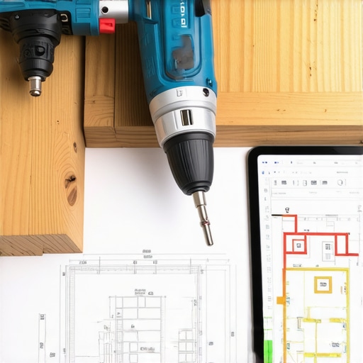 Impact driver and structural fasteners on a wooden beam for outdoor construction.
