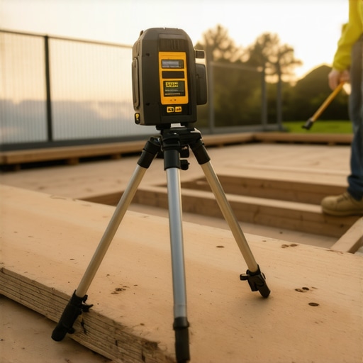 A laser level and deck board lever being used to ensure a perfectly level and straight composite deck installation.
