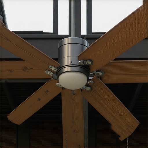 High-quality outdoor ceiling fan with steep blade pitch mounted to a wooden pergola beam.