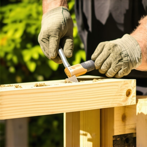 Close-up of a cedar beam being notched for a hidden pergola joint without visible metal brackets.