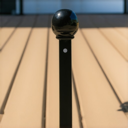 A close-up of a silicone bead applied between a metal spindle and a deck rail to stop rattling.
