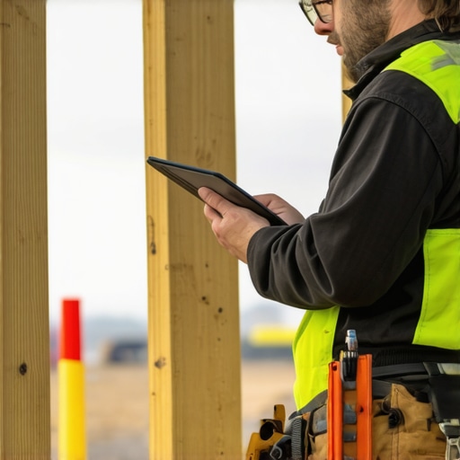 Professional deck building tools and 3D design A contractor using 3D modeling and precision tools like a post-level for building a composite deck.