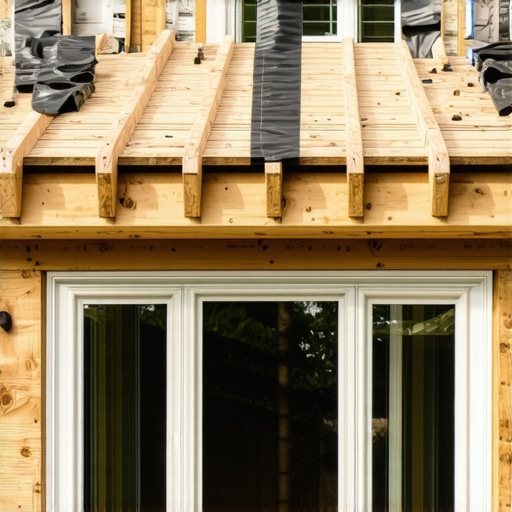 Close-up of angled deck joists and ledger flashing around a house bump-out