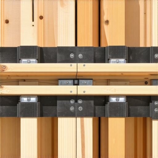 Close-up of deck joists spaced at 12 inches with black flashing tape for moisture protection