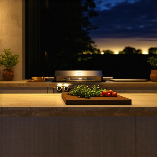 Warm LED lighting tucked under a granite outdoor kitchen counter for task illumination.