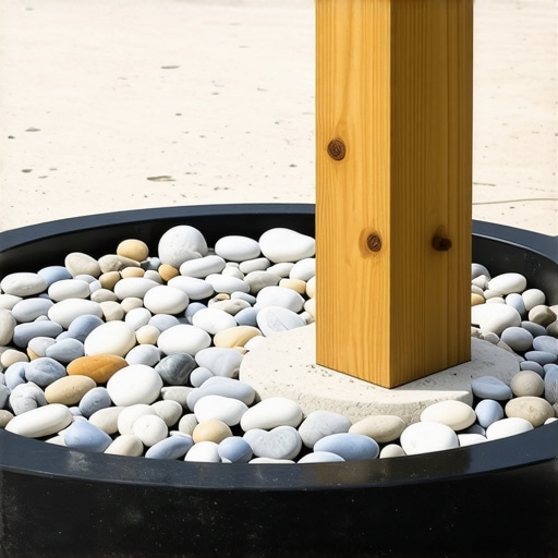 Close-up of river rocks hiding a concrete pier footer