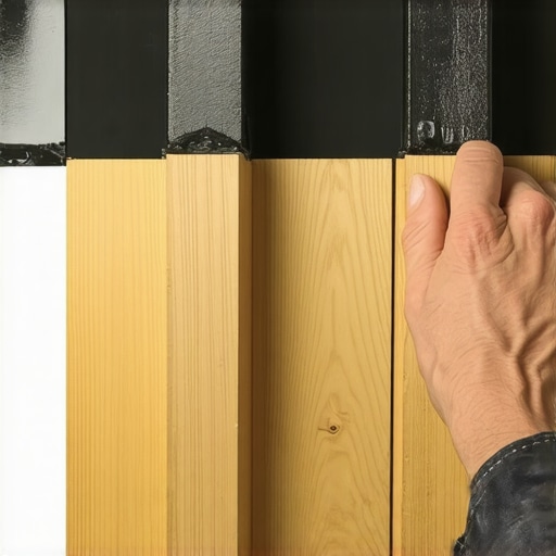 A hand pressing black joist tape onto a wooden deck frame to prevent rot.