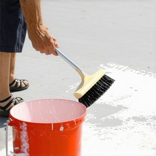 Man cleaning a composite deck with a soft brush and water