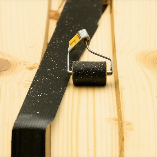 Proper Joist Tape Application with a J-Roller A contractor sealing deck joists with black tape and a roller for maximum waterproof protection.