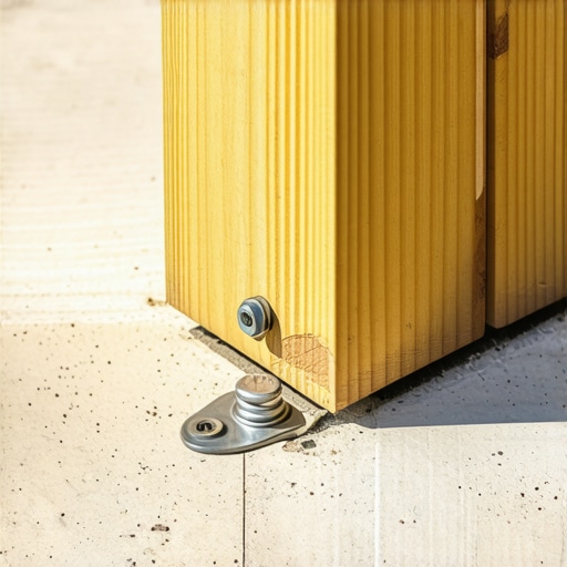 Detailed view of a correctly anchored pergola post on a sloped patio with airflow gap to prevent rot.
