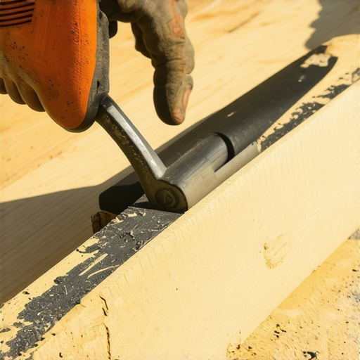 A hand rolling joist tape onto a wooden deck beam to prevent rot