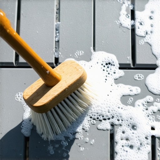 Cleaning a light gray composite deck with a soft brush and soap