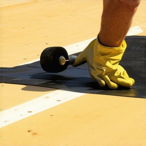 Applying butyl flashing tape to deck joists with a roller