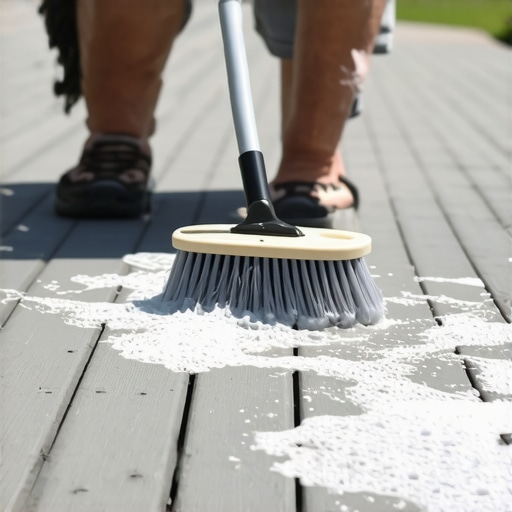 A person cleaning a composite deck with a soft brush and soap solution.