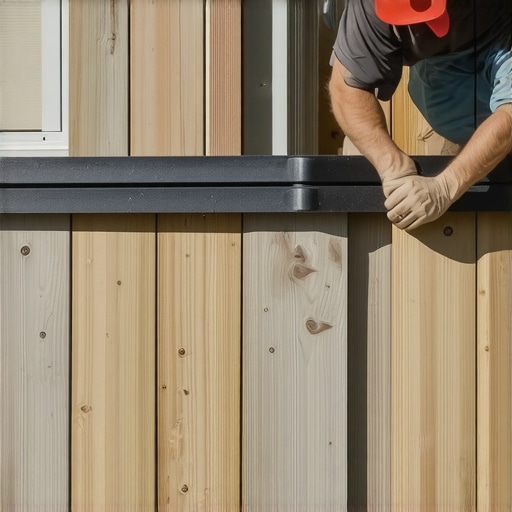 Applying black joist tape to a wooden deck frame to prevent rot.