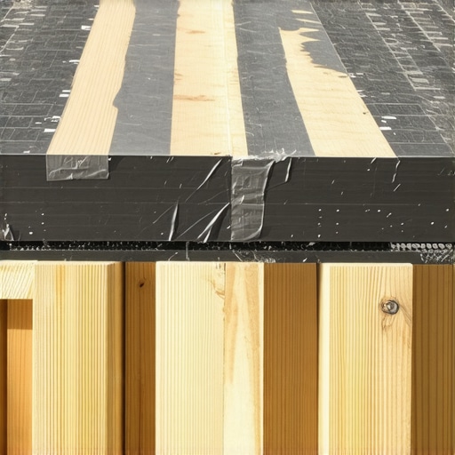 Close-up of deck joist flashing tape installation for rot prevention.