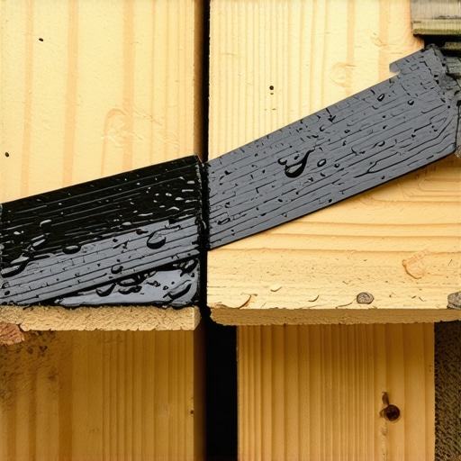 Close-up of black joist tape protecting a wooden deck frame from moisture and rot.