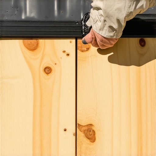 A builder applying black joist tape to a wooden deck frame to prevent rot under composite boards.