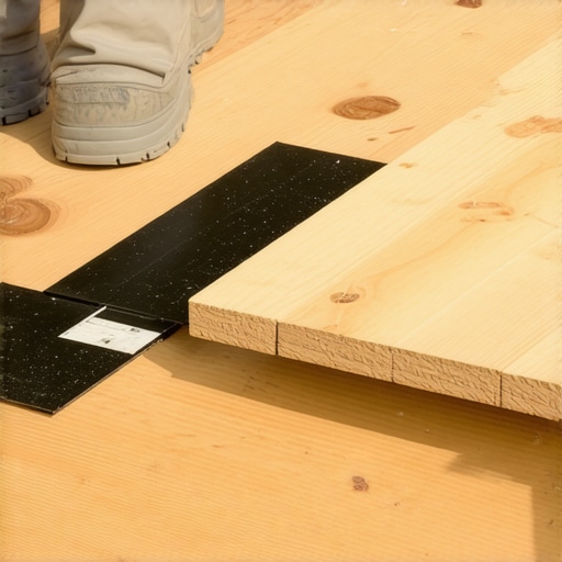 Close up of black flashing tape being applied to pressure treated wood joists to prevent rot.