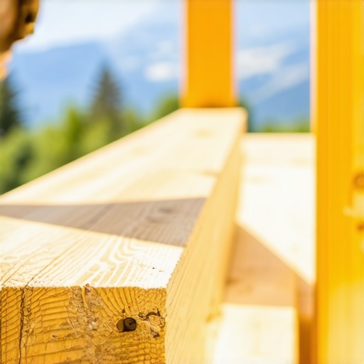 Close-up of black joist tape being applied to a wood deck frame in a sunny outdoor environment.