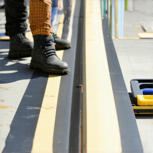 Builder applying joist tape to prevent wood rot on a deck frame.