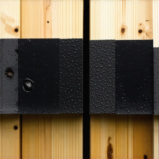 Cross-section showing protective measures on wooden deck joists underneath composite boards.