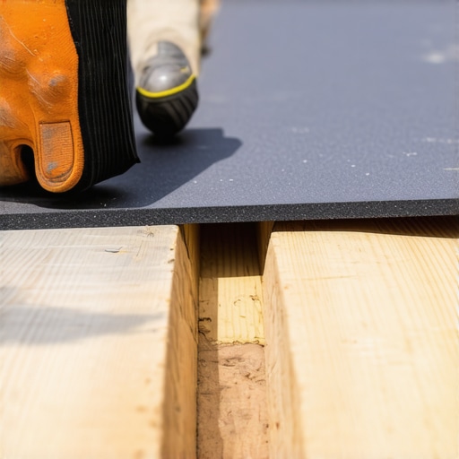 Builder applying protective joist tape to a wooden deck frame to prevent rot under composite boards.