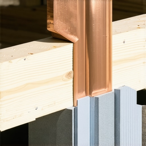 A close-up shot showing the application of copper caps and joist tape to a wooden deck post for rot prevention.