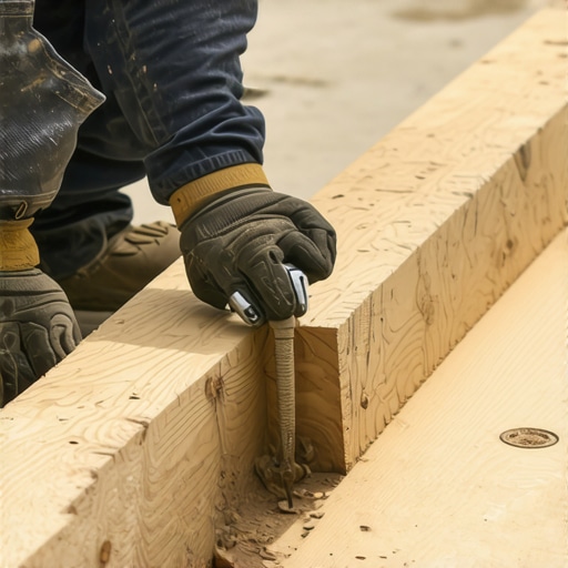 A new lumber board being bolted to a weathered deck joist for structural repair.