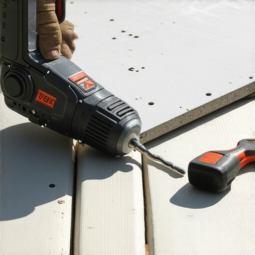 An impact driver loosening a hidden fastener on a composite deck board to release thermal tension.