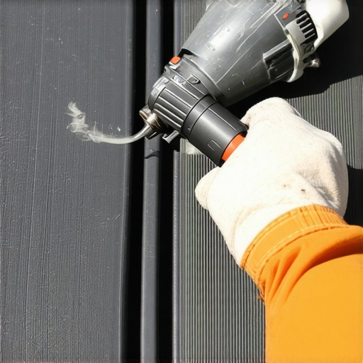 Close-up of a heat gun being used to blend a scratch on a dark composite deck board