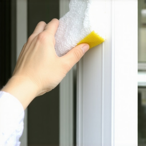 Close up of a hand cleaning a yellowed vinyl deck railing with a white sponge to reveal the original white color.