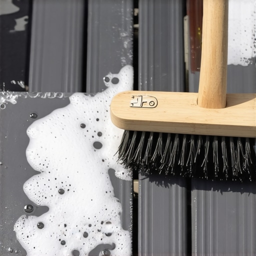 Cleaning a composite deck with a soft brush and pH-neutral soap to preserve the protective cap.