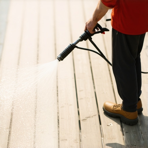 A person carefully pressure washing a modern composite deck using a wide fan spray tip