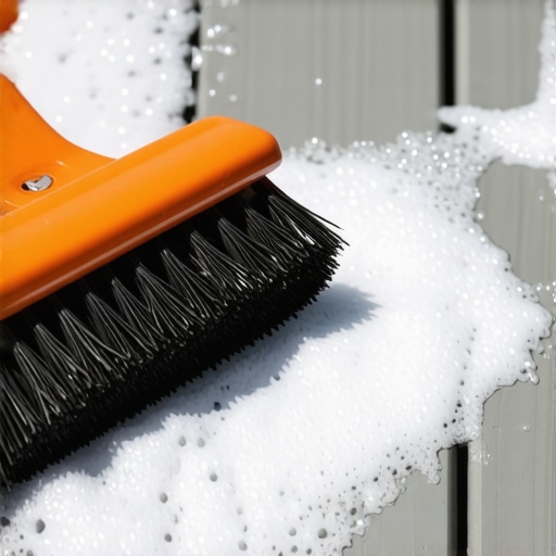Soft brush cleaning composite decking with soap