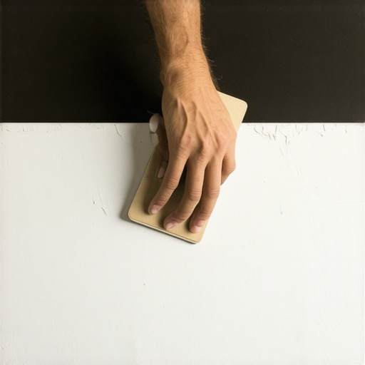 A hand sanding a faded composite railing cap to prepare it for color restoration.