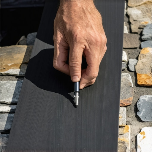 A carpenter uses a compass to trace the irregular shape of a stone wall onto a composite deck board for a perfect fit.
