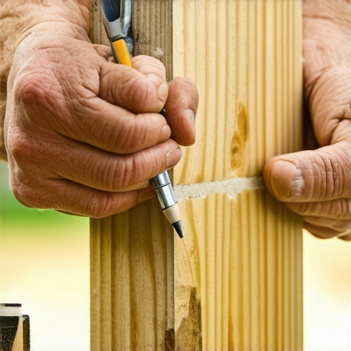 Carpenter marking a 6x6 pergola post to fit a slanted patio surface using the scribe method.