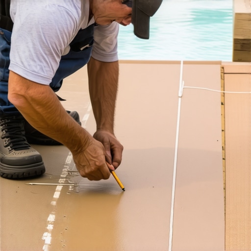 Using a pencil and string to scribe a curve on deck boards around a hot tub.