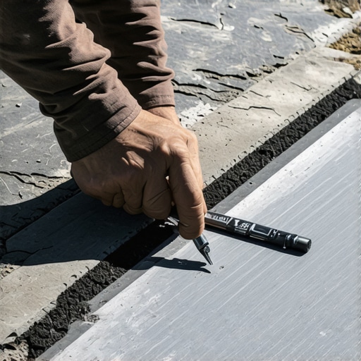 Close up of a carpenter using a compass to scribe a deck board against a stone wall