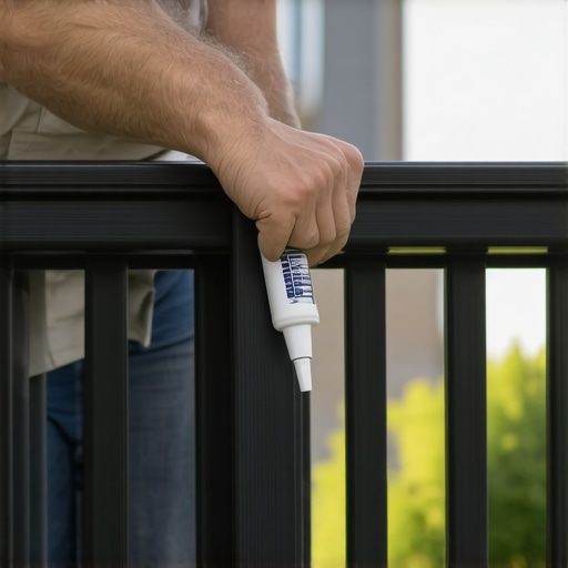 Applying silicone caulk to deck railing to prevent wasp nesting